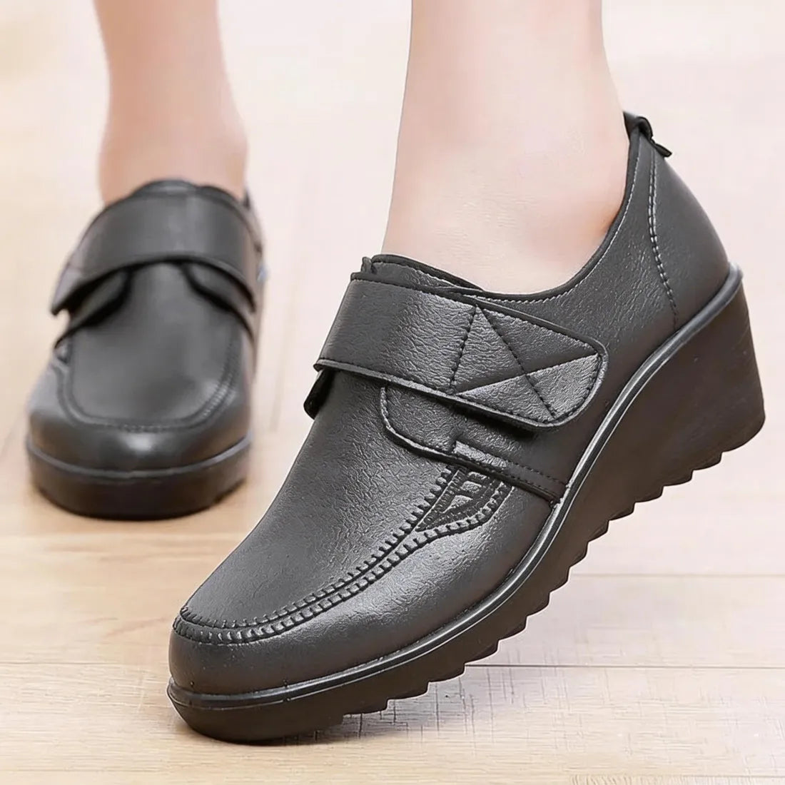 ⏰Limited Time Sale 49% OFF - Comfortable Leather Wedge Shoes with Secure Velcro Strap for All-Day Comfort
